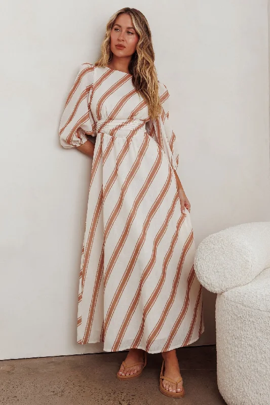 Buy More, Save More Transcendent Puff Sleeves Striped Maxi Dress Tan