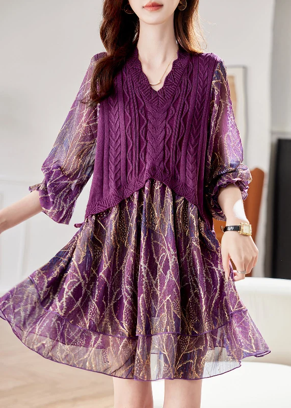 Style Beyond Borders Style Purple Knit Patchwork Fake Two Pieces Mid Dresses Bracelet Sleeve