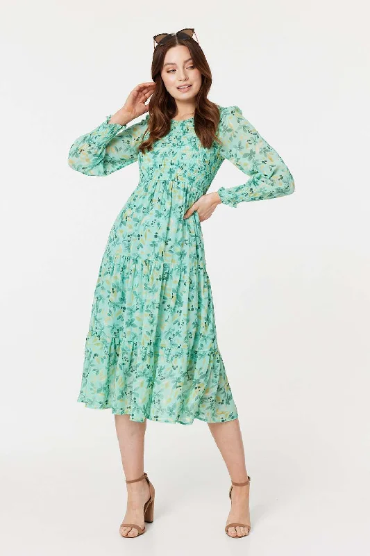 High Street Women's Fashion for Trendy Shoppers Floral Long Sleeve Midi Smock Dress