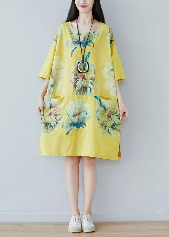 High-End Women's Apparel Yellow Patchwork Print Cotton Dress Half Sleeve