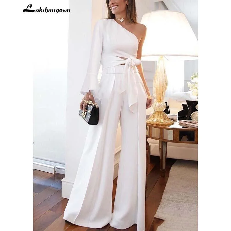 Effortless Chic Apparel Roycebridal White Satin Jumpsuits Wedding Dresses Long Sleeves