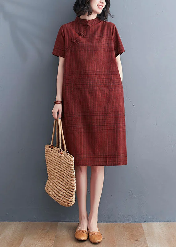 Huge Price Cut Chinese Style Red Plaid Patchwork Cotton Mid Dress Short Sleeve