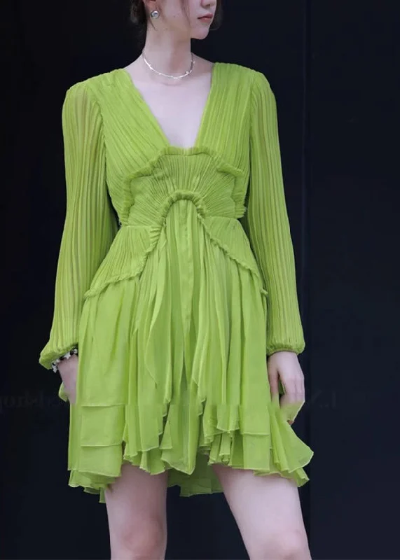 Trend Alert Fine Green V Neck Ruffled Patchwork Mid Dresses Spring