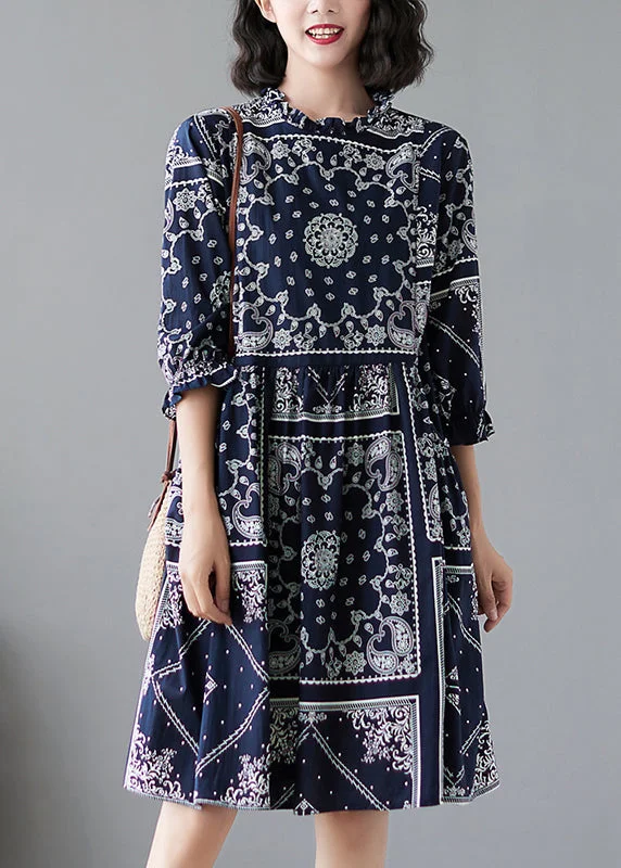 Women's Clothing for Every Occasion Elegant Navy Ruffled Print Linen Dresses Half Sleeve