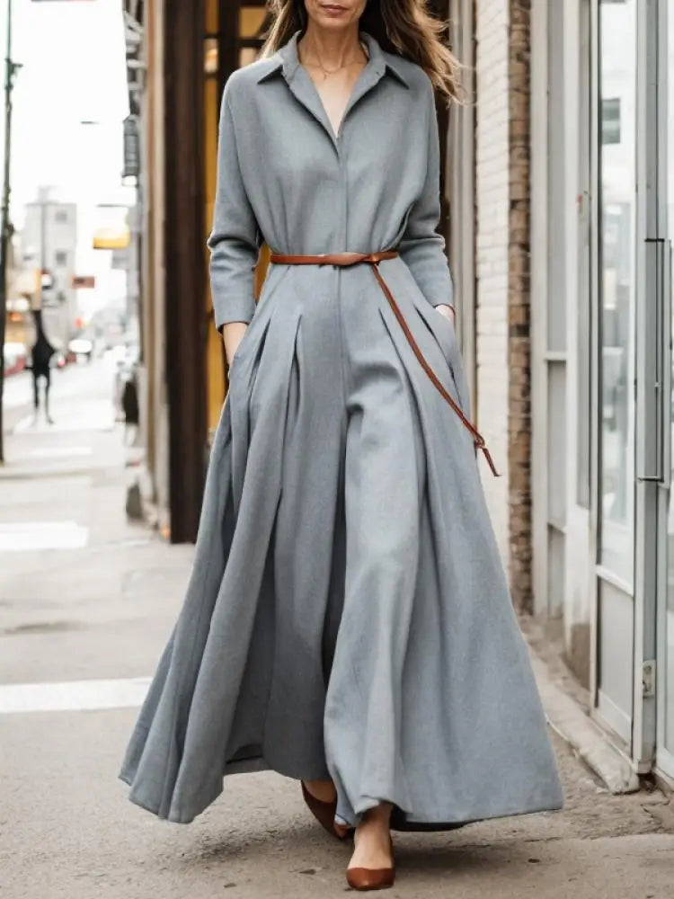 Online Impressions Boutique Long Sleeves Lapel Wide Leg Pleated Jumpsuits