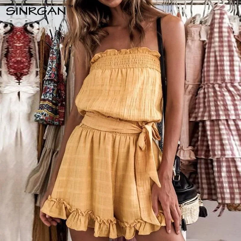 Women's Clothing for Every Season and Trend Yellow Elastic Waist Summer Sexy off Shoulder Rompers