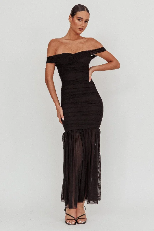 Premium Fashion La Salle Off Shoulder Mesh Maxi Dress Black