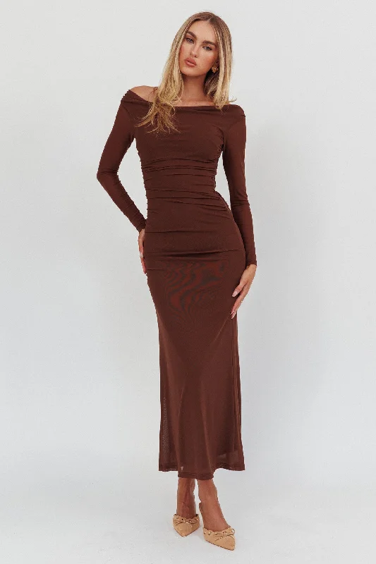 Limited Edition In Blooms Off Shoulder Mesh Maxi Dress Chocolate