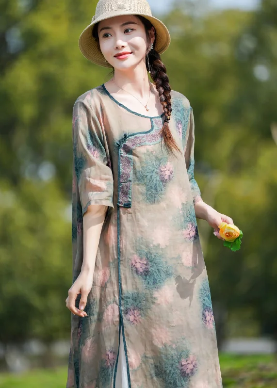 Versatile Wardrobe Essentials Unique Khaki O-Neck Print Patchwork Linen Mid Dresses Summer