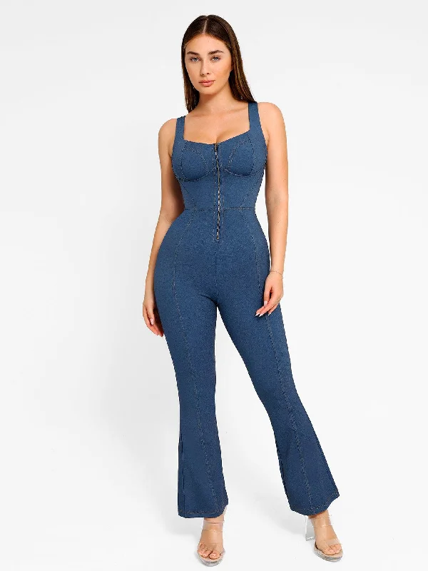 Trendy Women's Fashion Shapewear Sculpting Denim Tank Flare Leg Jumpsuit