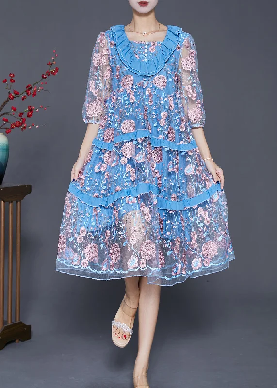 Must-Have Styles Modern Lake Blue Ruffled Patchwork Embroidered Tulle Dress Summer