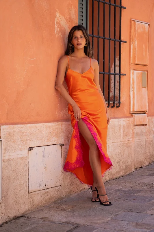 Stylish Women's Clothes for Work and Play Gigi Orange Satin Maxi Dress