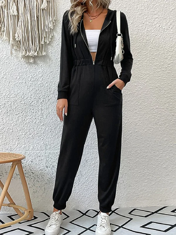 Quality Driven Apparel Zip Up Elastic Waist Hooded Jogger Jumpsuit