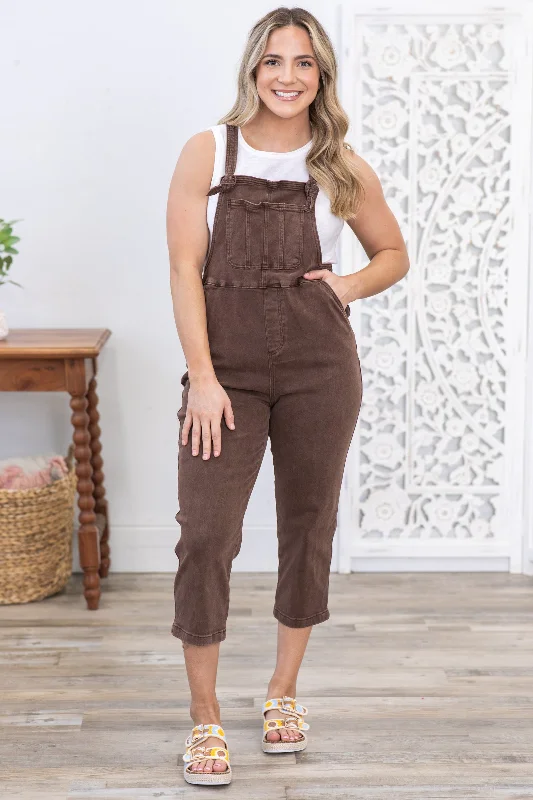 Online Shopping Boutiques Brown Washed Knot Strap Relaxed Overalls