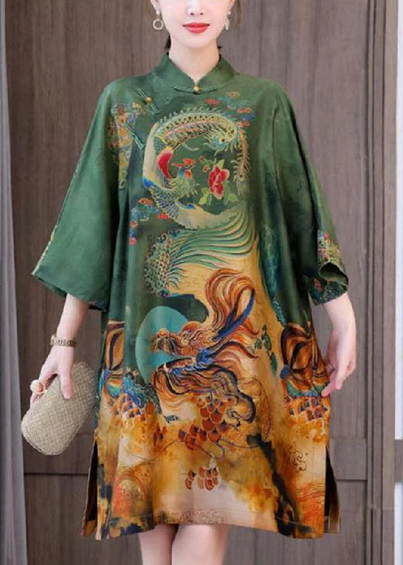 Get The Latest Trends Chic Green Print Chinese Style Silk A Line Dresses Spring