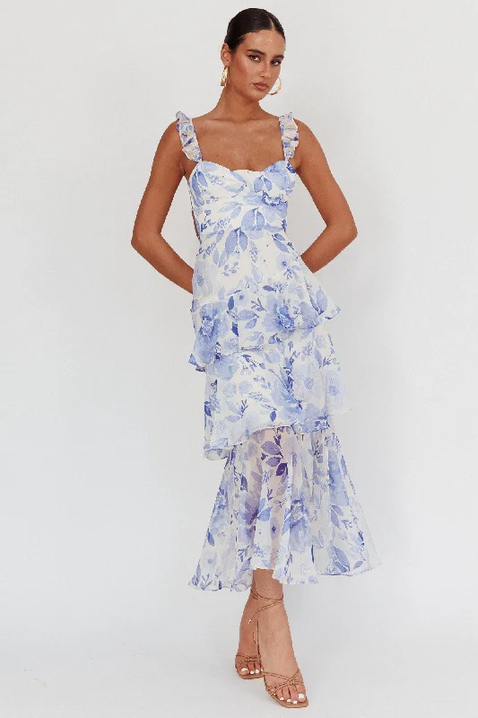 Online Clothing Stores Veda Strappy Back Ruffle Maxi Dress Flowers Blue