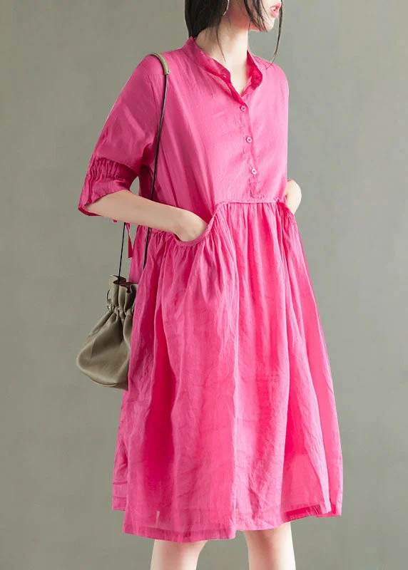 Chic Wardrobe Essentials Modern Rose Stand Collar Patchwork Ramie Mid Dress Summer