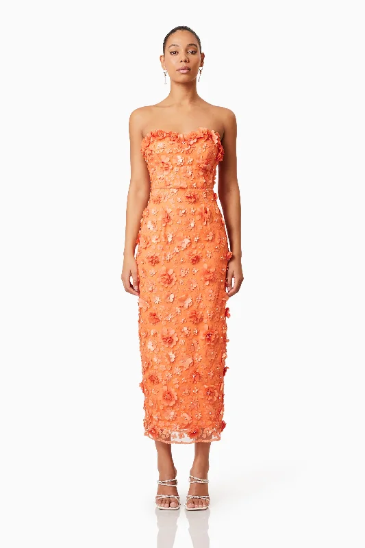 Versatile Style Wardrobe Bluebell Strapless 3D Midi Dress in Orange