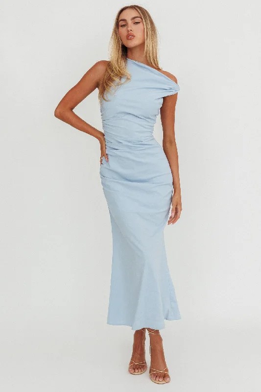 Chic Wardrobe Angel's Song Asymmetric Neckline Maxi Dress Blue