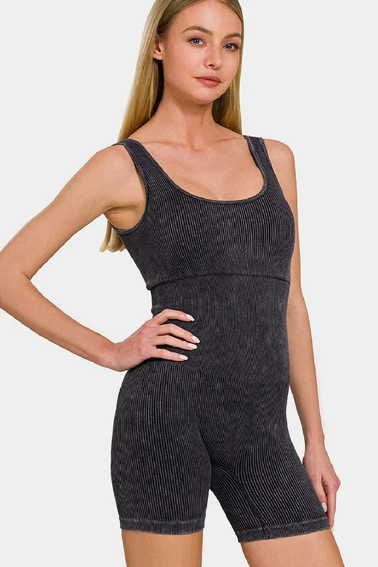 Daily Deals Active Duty Washed Ribbed Romper - Black