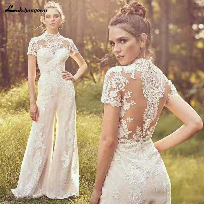 Fashionable Women's Wardrobe Roycebridal Jumpsuits Wedding Dresses High Neck Short Sleeve Lace