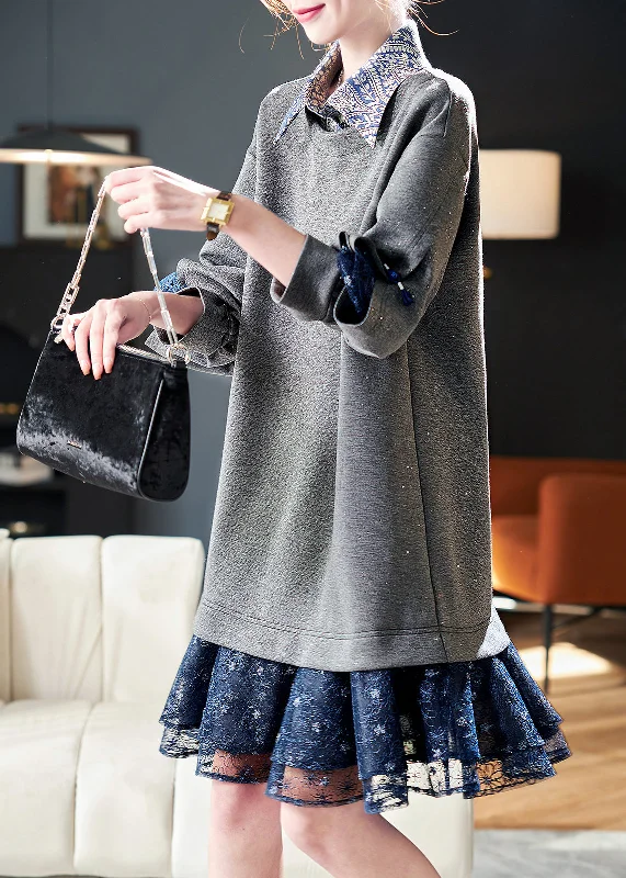 End of Season Sale Women Grey Peter Pan Collar Patchwork False Two Pieces Cotton Dress Spring