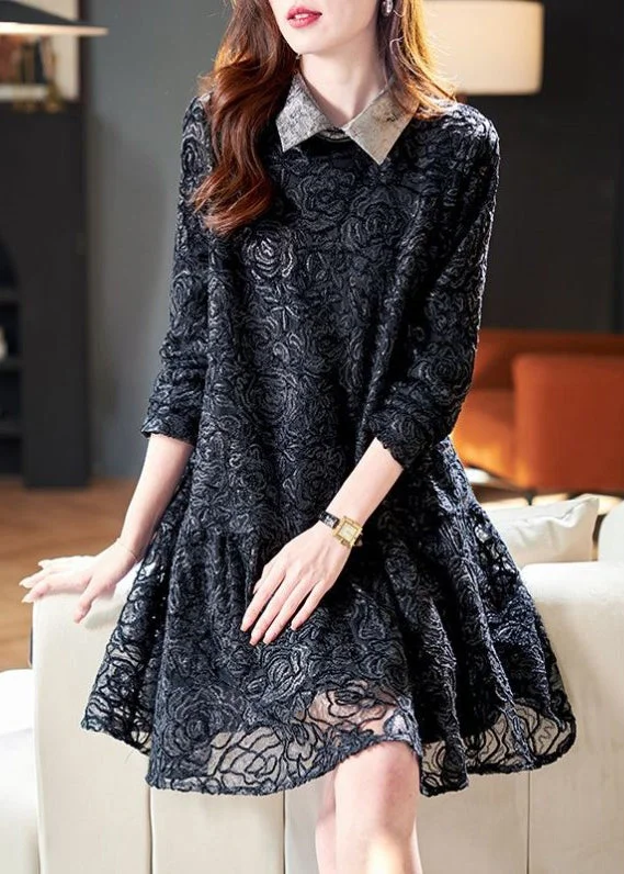 Relaxed Fit Women's Fashion French Black Peter Pan Collar Patchwork Lace Dresses Spring