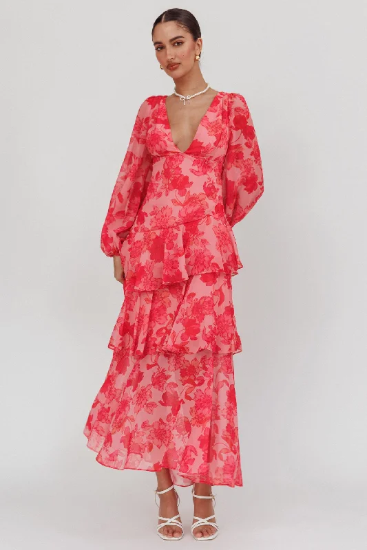 Quality Driven Apparel Veda Long Sleeve Floral Tiered Ruffle Maxi Dress Pink