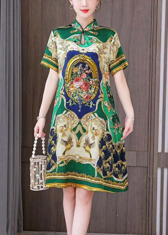 Exclusive Designer Collection Chinese Style Green Print Mandarin Collar Silk A Line Dress Summer