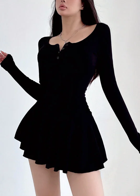 Sporty Streetwear Style Black Square Collar Knit Mid Dresses Spring