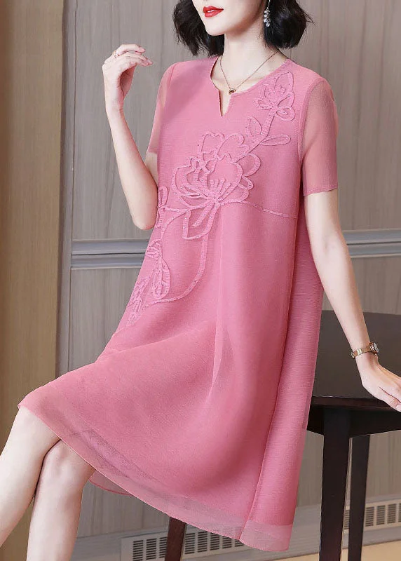 Flash Sale Starts DIY Pink V Neck Embroidered Nail Bead Tulle Mid Dresses Short Sleev