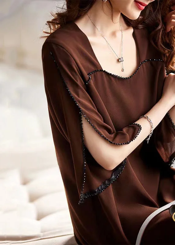 Women's Street Style Casual Wear Boutique Coffee Patchwork Nail Bead Chiffon Mid Dresses Long Sleeve