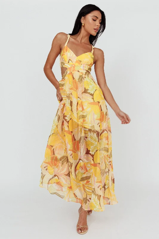 Women's Trendy Outfits Maura Lace-Up Back Maxi Dress Floral Yellow