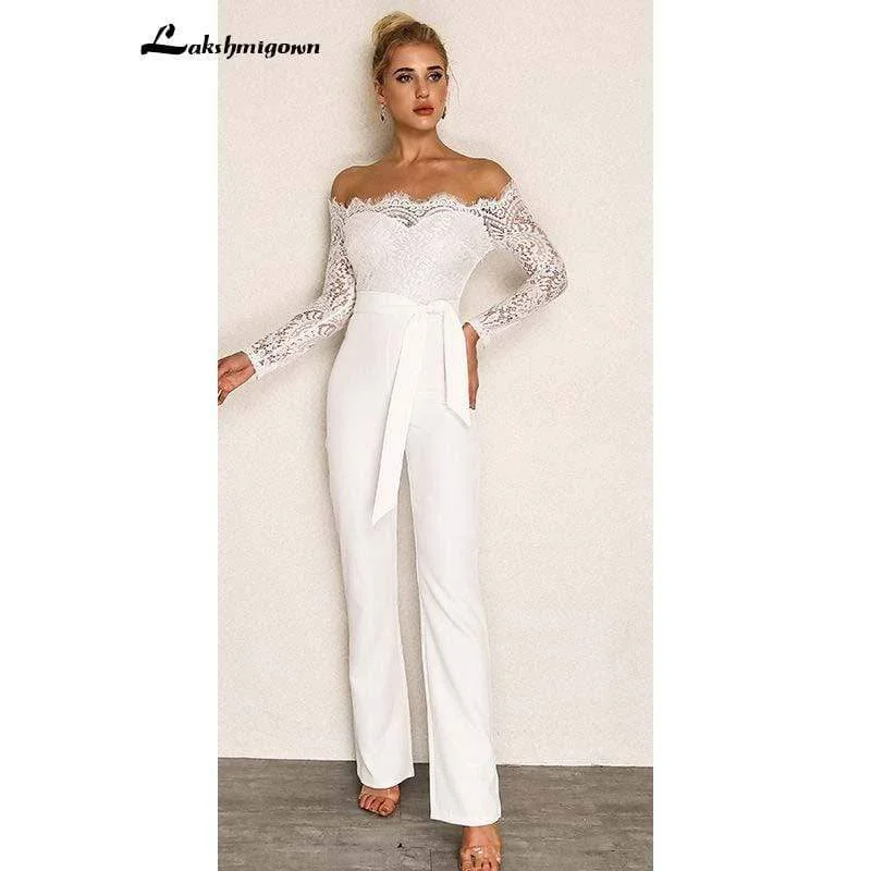 Chic Style, Always In Vogue Roycebridal Simple White Lace Jumpsuits Wedding Dresses Long Sleeves Pant Suit