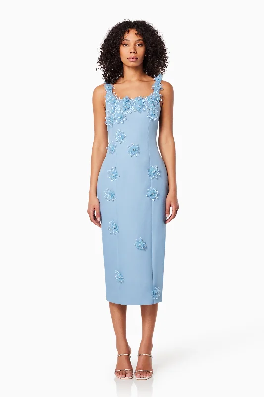 Chic Women's Clothing Online Prague 3D Floral Midi Dress In Blue