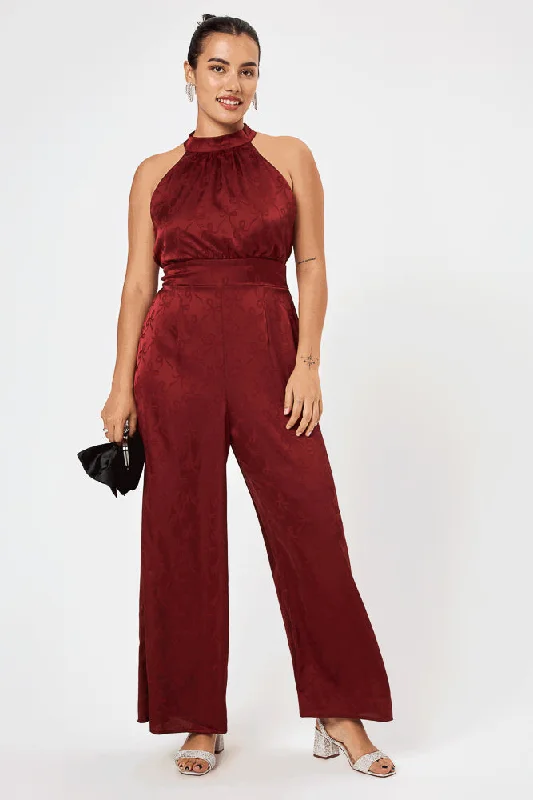 Modern Women's Wardrobe Essentials Wine Satin Halter Neck Jumpsuit