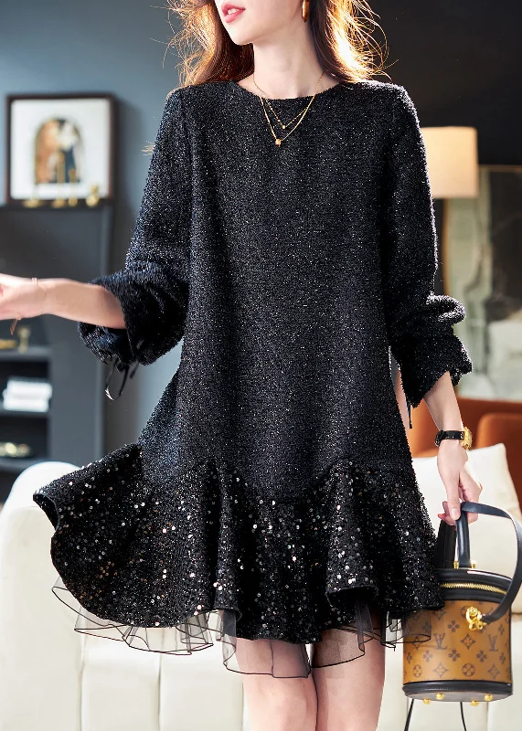 Trendy Boutiques Online Italian Black O Neck Tulle Sequins Patchwork Dresses Spring