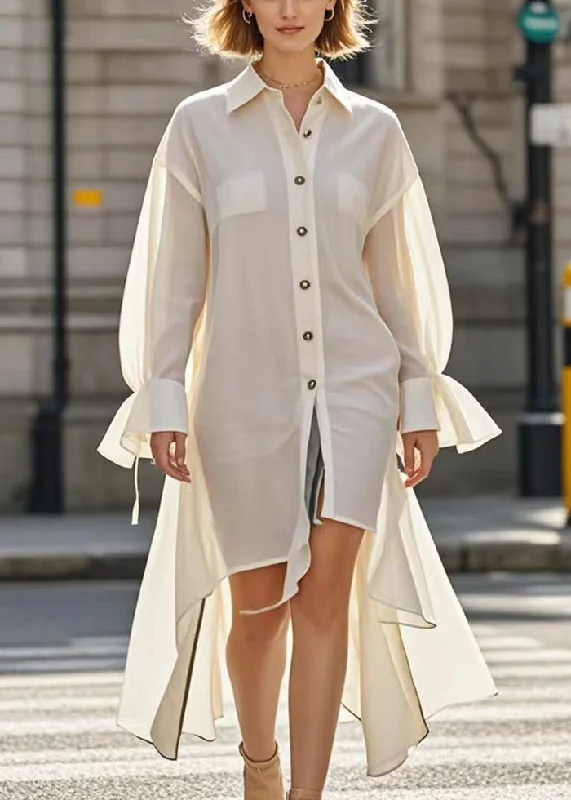 Comfort Centric Apparel Simple White Asymmetrical Design Cotton Shirt Dress Flare Sleeve