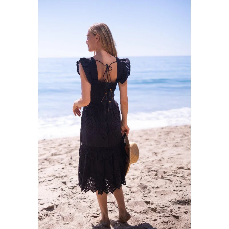 Chic And Trendy Black Smocked Eyelet Midi Dress