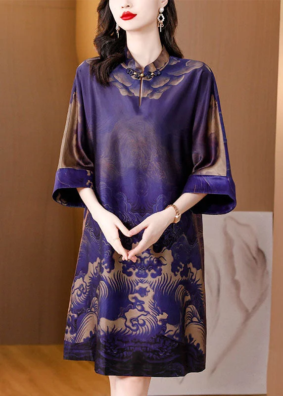 Trend Forward Women's Wear Vintage Purple Stand Collar Print Patchwork Silk Mid Dress Summer