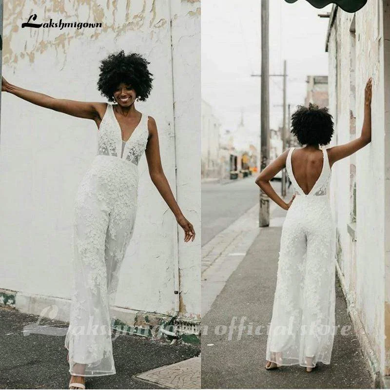 Crazy Discounts, Hurry Up Roycebridal New Boho Jumpsuits Wedding Dresses Illusion V Neck Lace Appliques