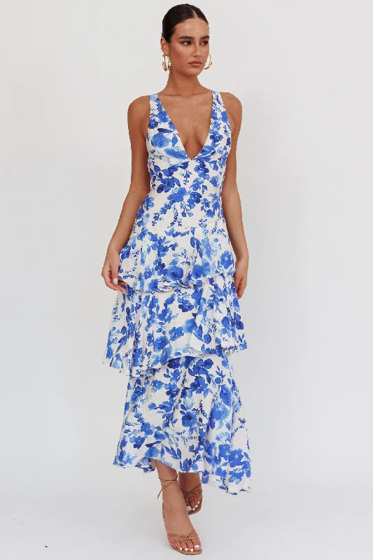 Online Boutiques Best Veda Strappy Back Ruffle Maxi Dress Floral Blue