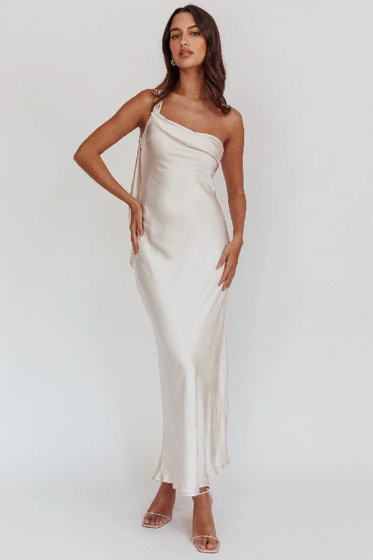 Modern Women's Apparel Carmel One-Shoulder Sash Maxi Dress Champagne