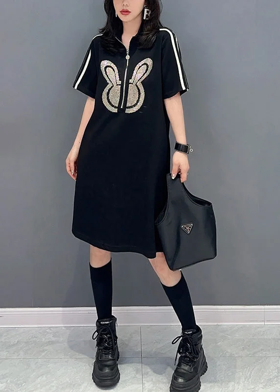 Style Streetwear Black Zippered Rabbit Print Mid Dresses Short Sleeve