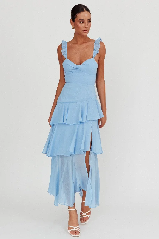 Online Boutiques Affordable Veda Ruffle Strap Split Maxi Dress Blue