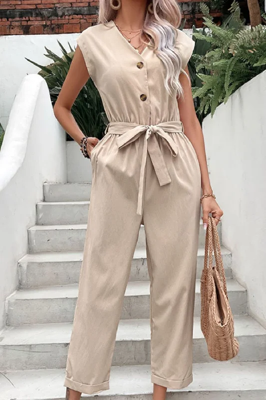 Designer Women's Fashion Online Capped Sleeve Belted V-Neck Jumpsuit