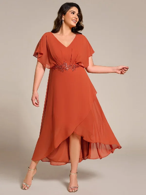 Forward Trendsetter Plus Size V-Neck Chiffon Bat-Wing Sleeve A-Line Waist Applique Formal Dress