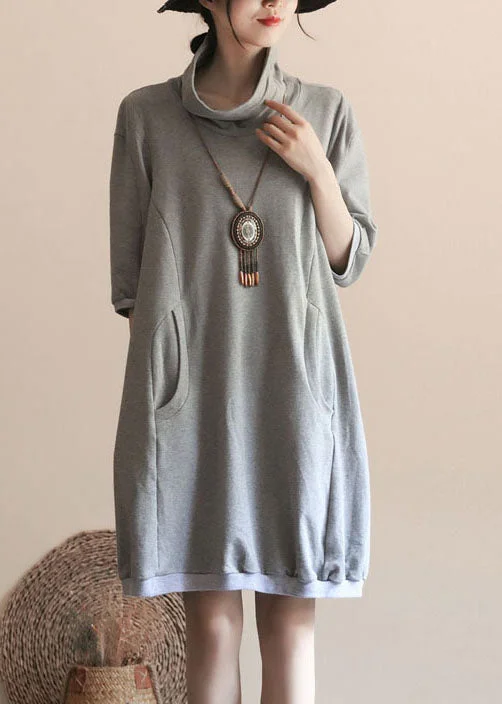 Seasonal Fashion Simple Grey Hign Neck Pockets Patchwork Cotton Dress Summer