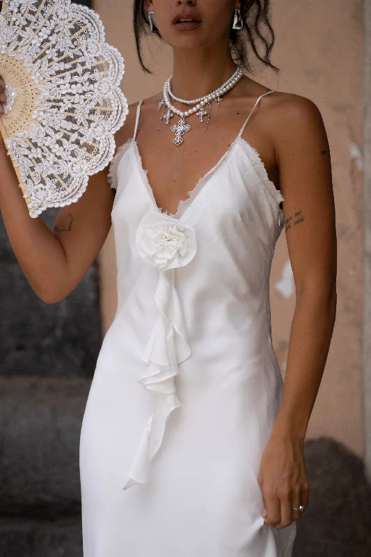 Festival Fashion Prosecco White Rosette Frill Maxi Dress