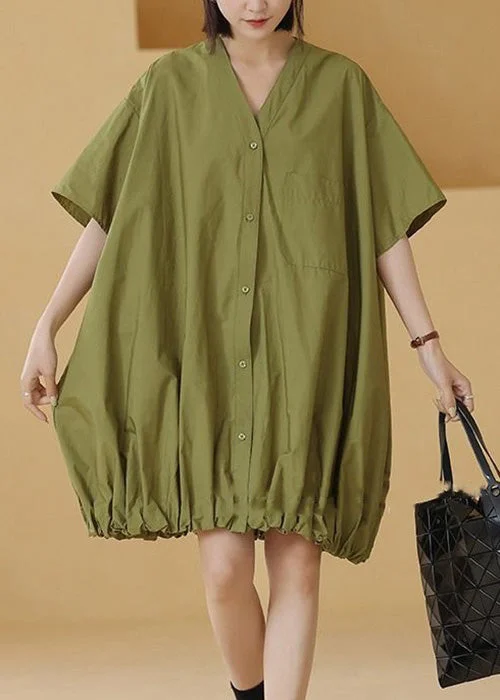 Sophisticated Women's Fashion Plus Size Green Solid Button Cotton Shirts Mid Dress Short Sleeve